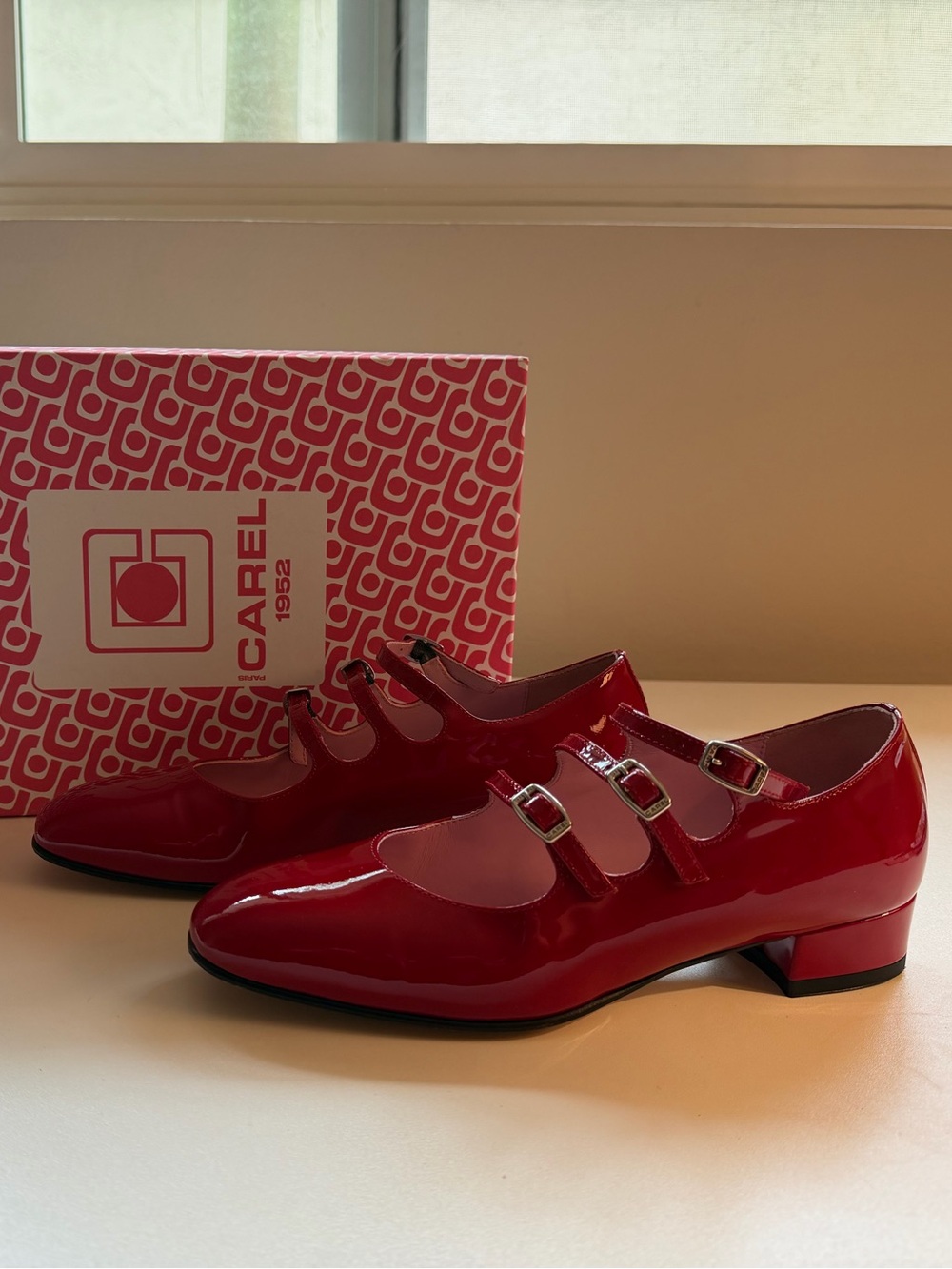 Carel Paris Ariana Red Patent Triple-Strap Mary Jane Flats // Size 36.5 (US 6.5)